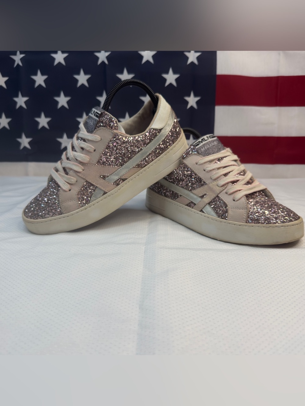 Méliné ITALY Silver Glitter Leather Low Top Sneakers EU 38 Made in Italy Shoe
